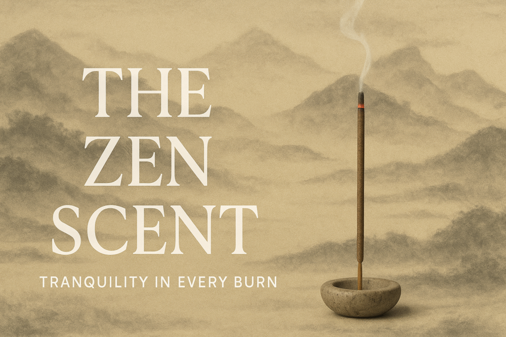 Zen Scent logo with incense and tranquil mountain background